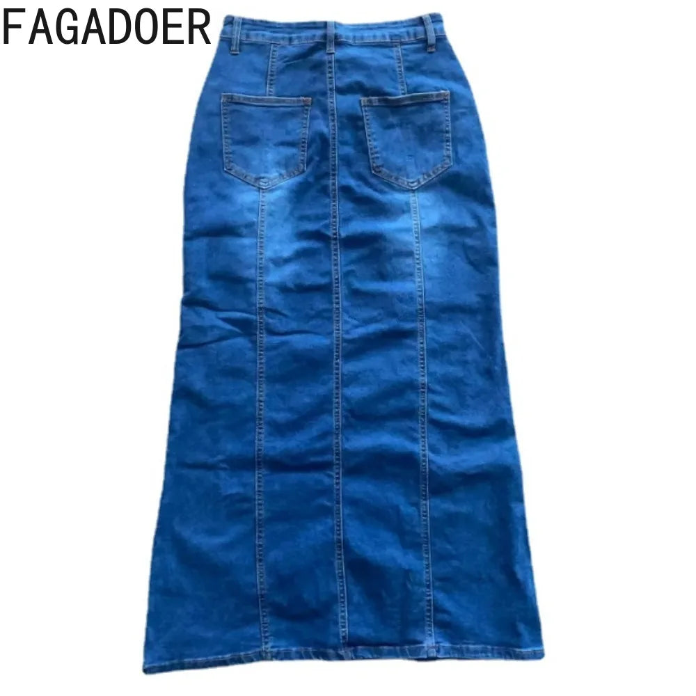 FAGADOER Retro Blue Fashion Skinny  Denim Skirts Women High Waisted Button Pocket Skirts Female Elasticity Cowboy Bottoms