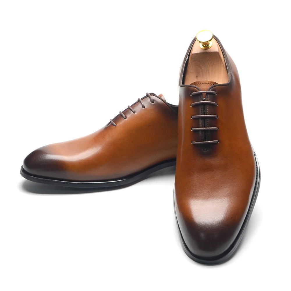 Brand Designer Whole Cut Oxford Dress Shoes Men Genuine Leather Handmade Lace Up Plain Toe Business Office Formal Wedding Shoe