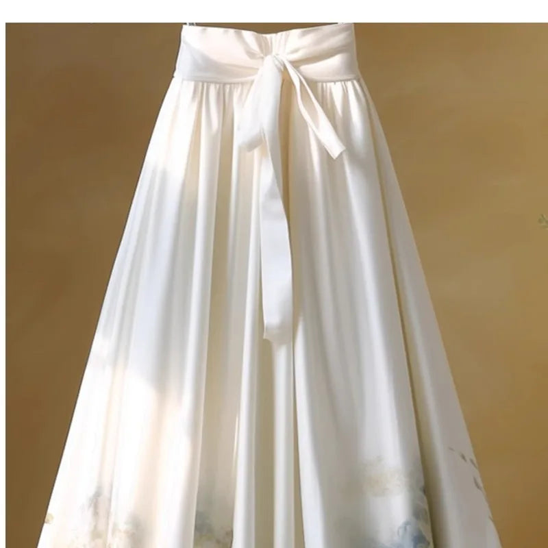 2024 Spring/Summer Chinese Style Printing Spliced Sashes Women's High Waist Fashion Building Checked Loose Midi A-line Skirts