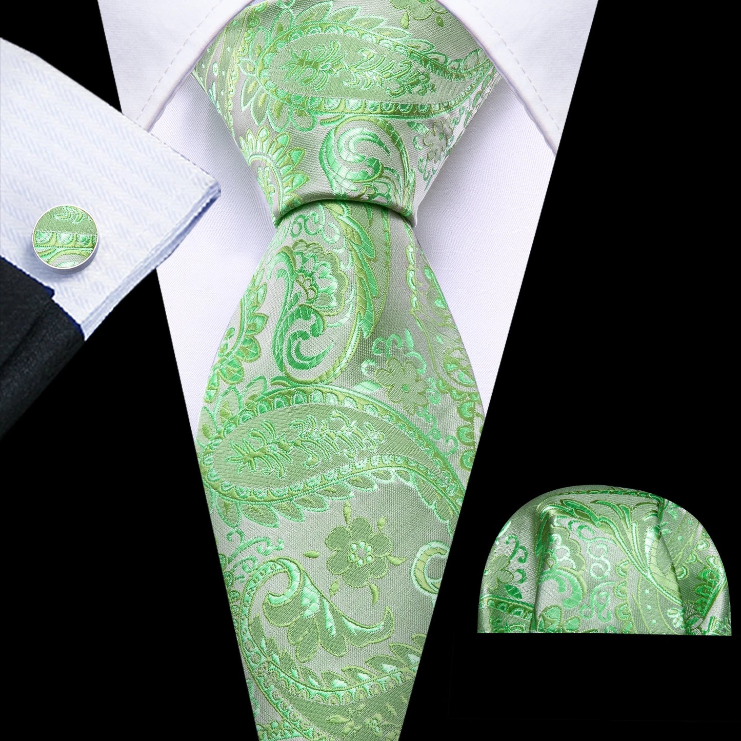 Fashion Silk Men Tie Green Teal Blue Solid Paisley Striped Plaid Floral Animal Necktie Handkerchief Cufflinks Set Barry. For Wedding