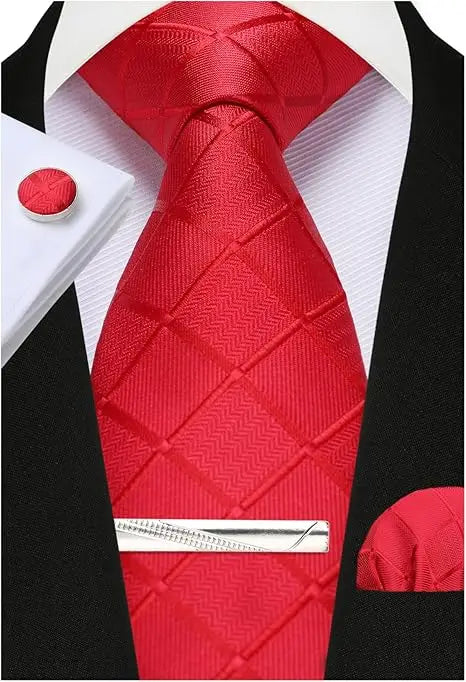 100% Silk Ties for Men Plaid & Checks Tie Clip Handkerchief Woven Classic Men's Necktie Pocket Square Set Formal Wedding Ties