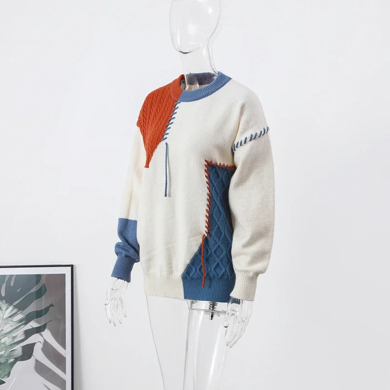 Man Panelled Contrast O neck Sweater 2024-2025 Autumn Winter Vintage Loose Long Sleeves Knitted Pullover Fashion Casual Male Jumper