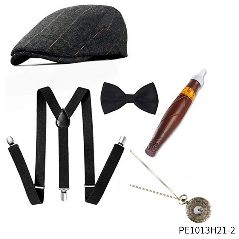 The Great Gatsby Cosplay Costume 1920s Mens Gangster Accessories Set Newsboy Hat Suspenders Armbands Tied Bowtie Drop Shipping30