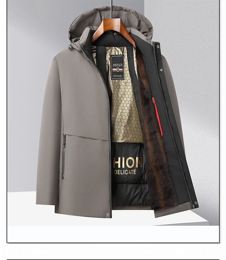 Men Winter  2025-2026 Thick Warm Parka Coat Fleece Inside Male Solid Color Hooded Thick Jacket  Men's Middle Long Coat Size