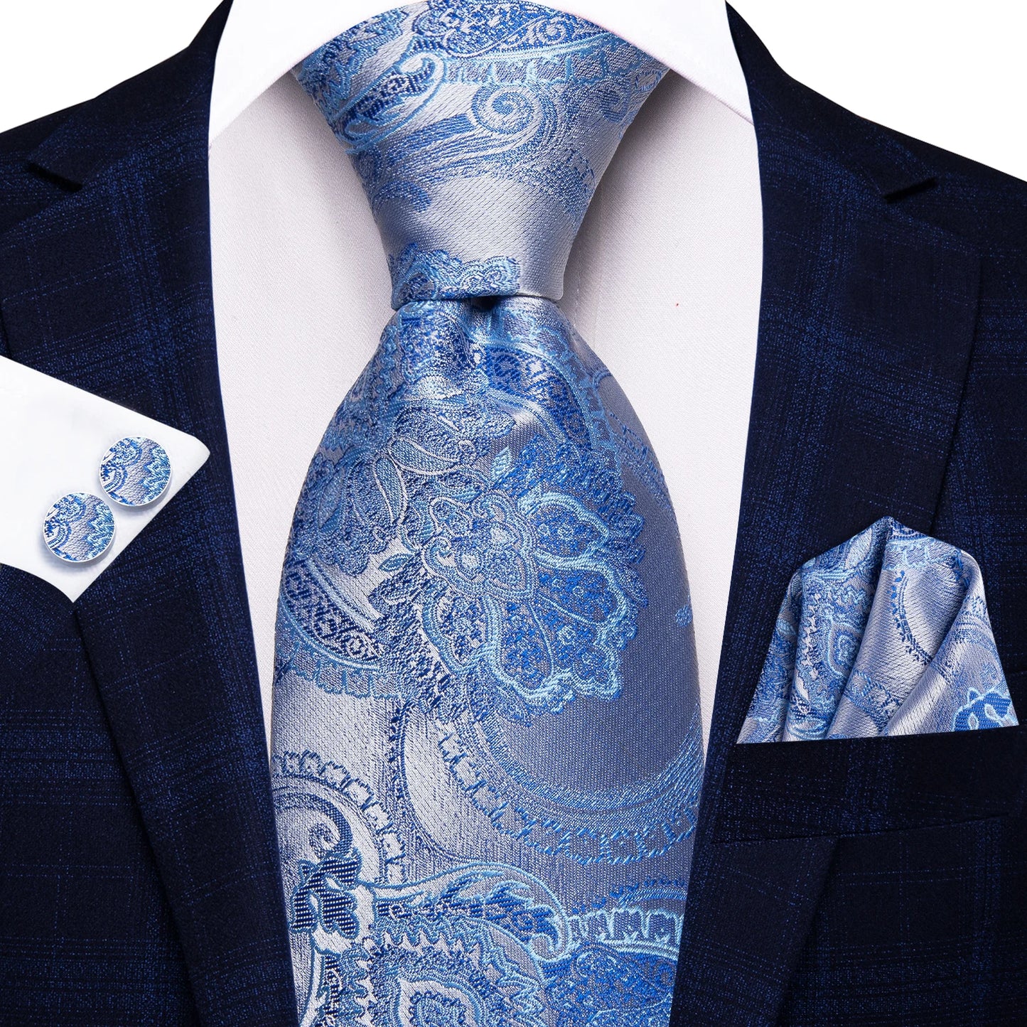 Brand New 2025 Hi-Tie Light Blue Striped Business Mens Tie 8.5cm Jacquard Necktie Accessorie Daily Wear Cravat Wedding Party Hanky Cufflink Set