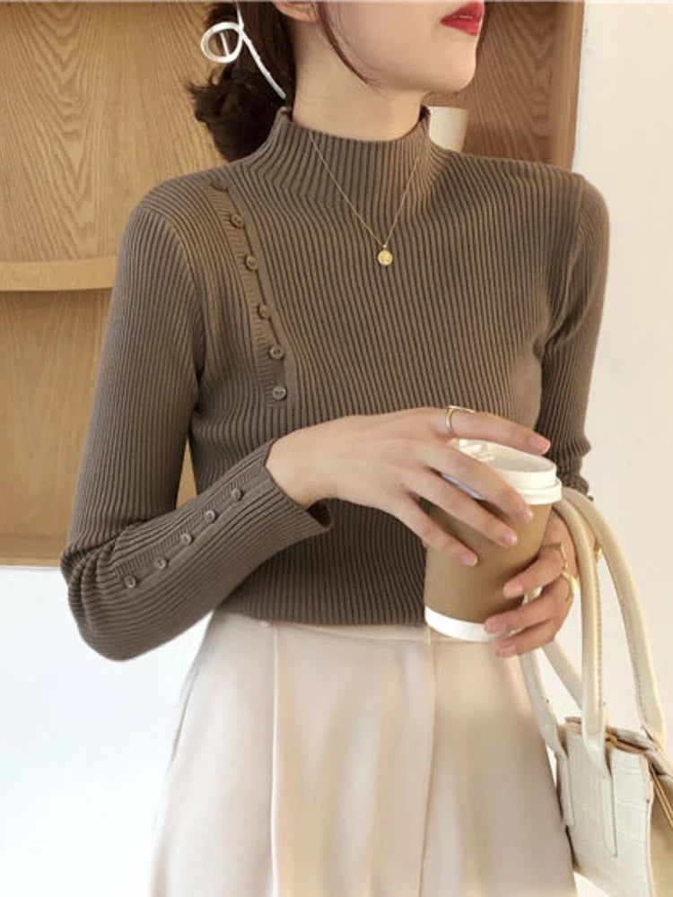 Women Knitted Sweater Long Sleeve Button Turtleneck Slim Pullovers for Autumn Winter 2024 Female Sweaters Soft Warm Bottoming Tops