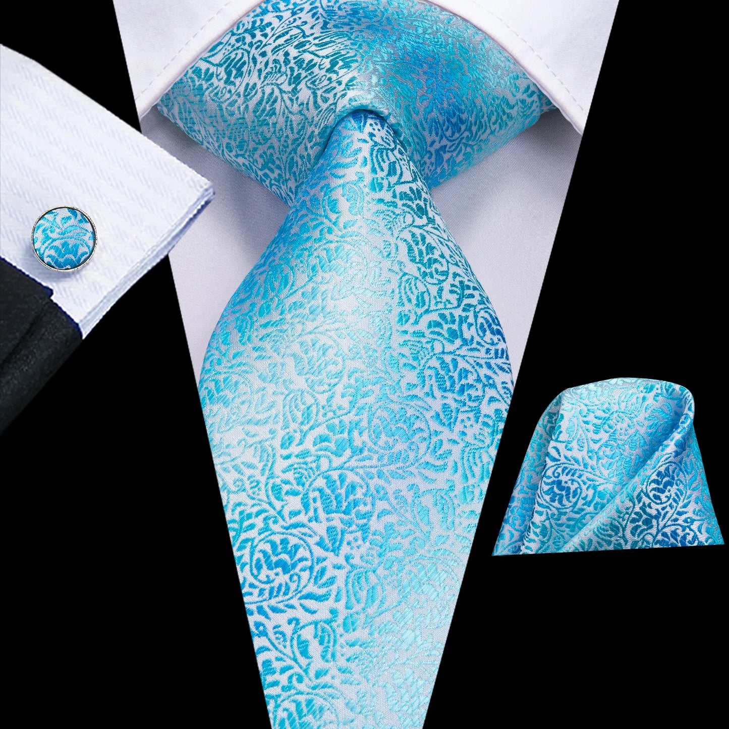Brand New 2025 Hi-Tie Light Blue Striped Business Mens Tie 8.5cm Jacquard Necktie Accessorie Daily Wear Cravat Wedding Party Hanky Cufflink Set