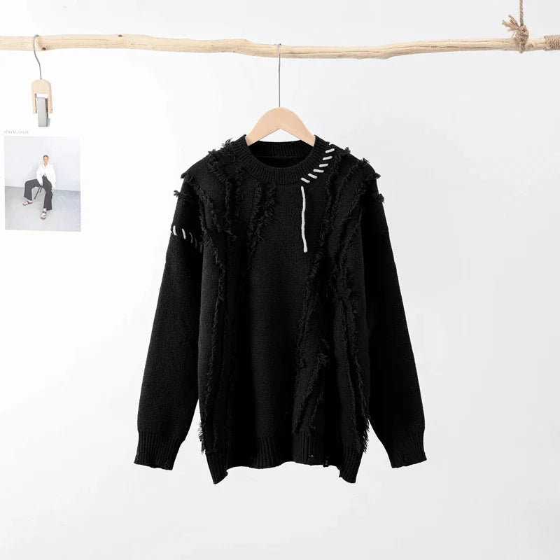 Man Panelled Contrast O neck Sweater 2024-2025 Autumn Winter Vintage Loose Long Sleeves Knitted Pullover Fashion Casual Male Jumper