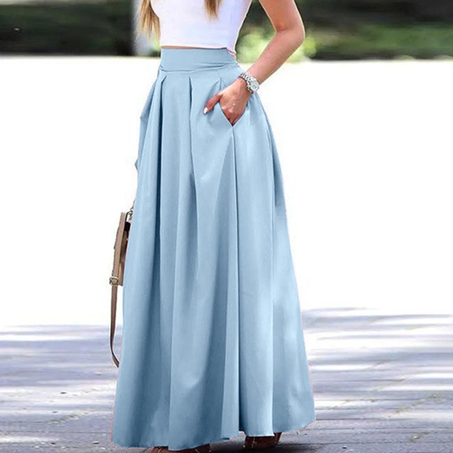 Women's Large Solid Women Satin Silk Long Skirts Cotton Solid Elegant Loose Sundress Femme Elastic Waist Oversized Casual Dresse