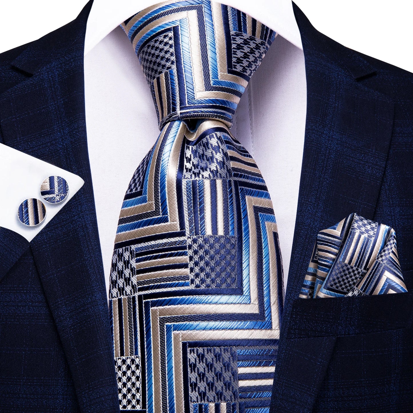 Brand New 2025 Hi-Tie Light Blue Striped Business Mens Tie 8.5cm Jacquard Necktie Accessorie Daily Wear Cravat Wedding Party Hanky Cufflink Set