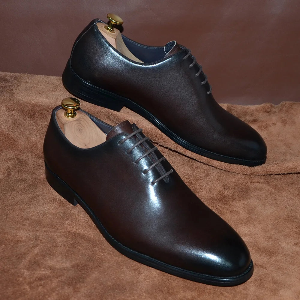Brand Designer Whole Cut Oxford Dress Shoes Men Genuine Leather Handmade Lace Up Plain Toe Business Office Formal Wedding Shoe