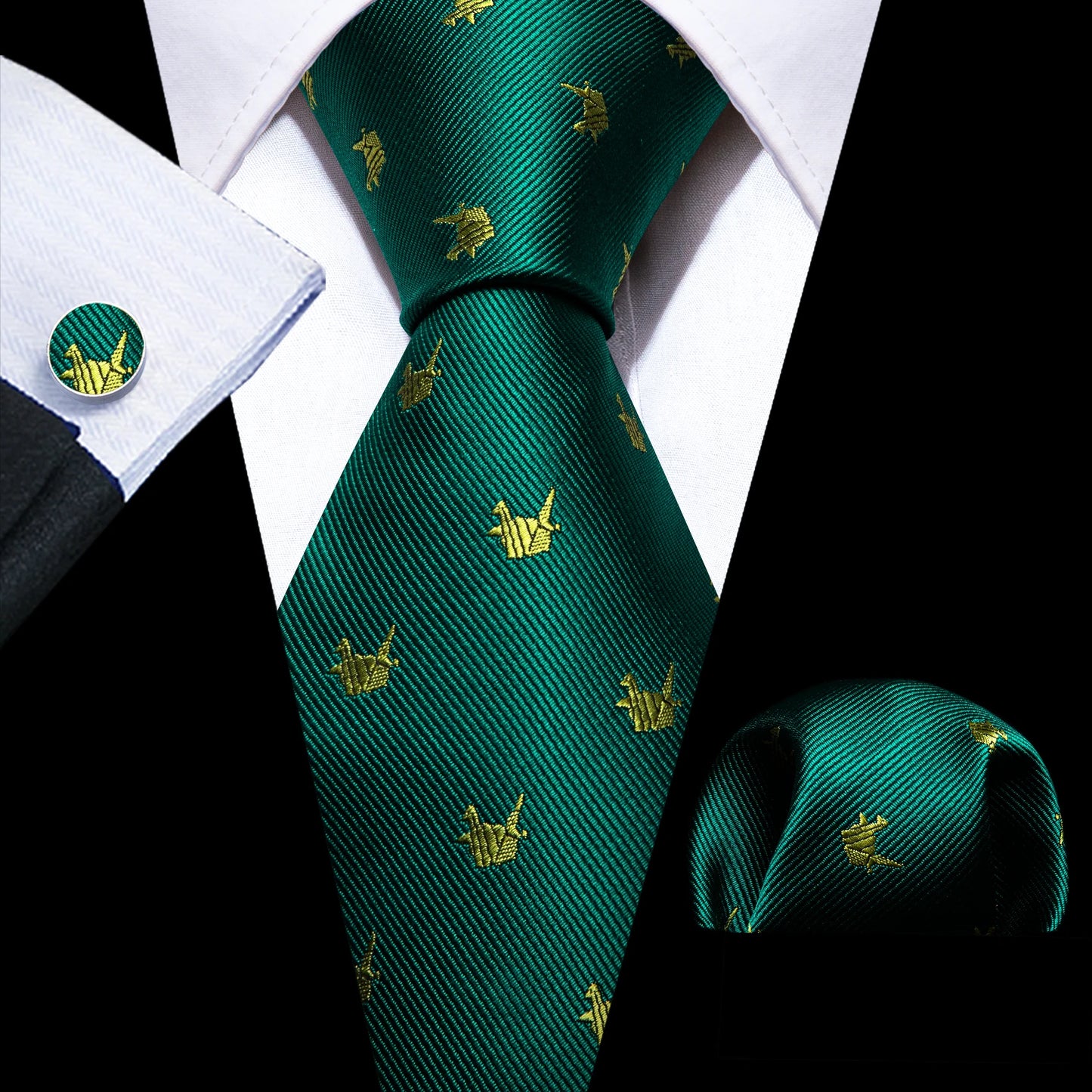 Dark Green Silk Solid Men Ties With Pocket Square Cufflinks Set Elegant Woven High Quality Suit Necktie Wedding