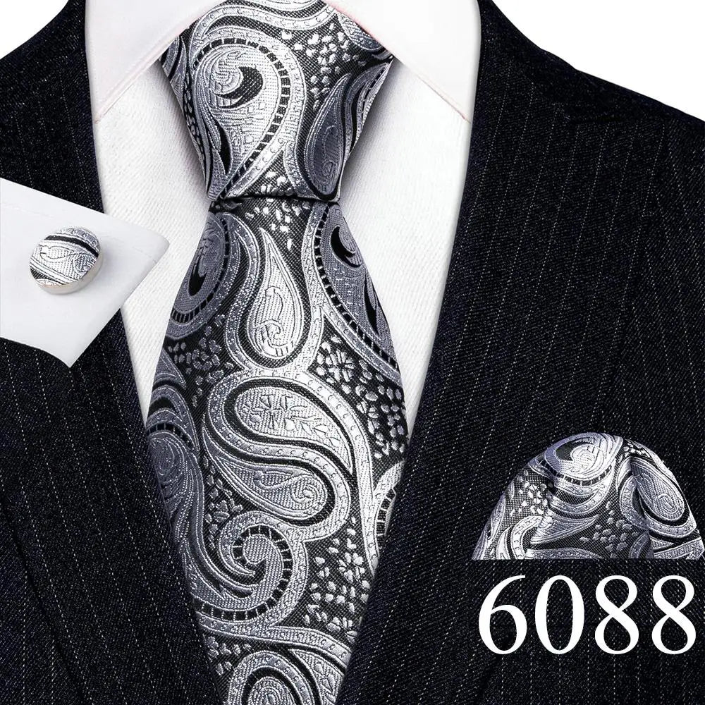 Fashion Mens Ties Set Silk Gray Black Silver White Striped Plaid Solid Paisley Floral Neck Tie Hankderchief Cufflinks Barry·Wang