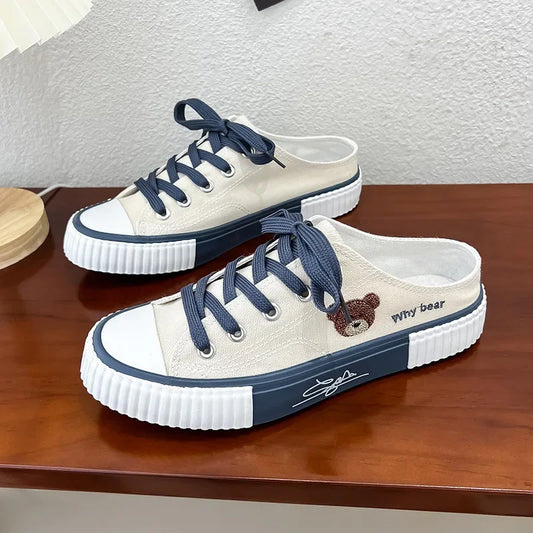 Women Cute Bear Canvas Shoes New Flat Casual All-match Half Slippers USA Version Trend Lace Up Ladies Vulcanized Shoes 2024