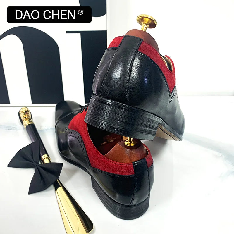 NEW 2024 LUXURY MEN'S OXFORD SHOES LACE UP BLCK MIXED RED SUEDE CASUAL MENS DRESS SHOES REAL LEATHER OFFICE WEDDING SHOES FOR MEN