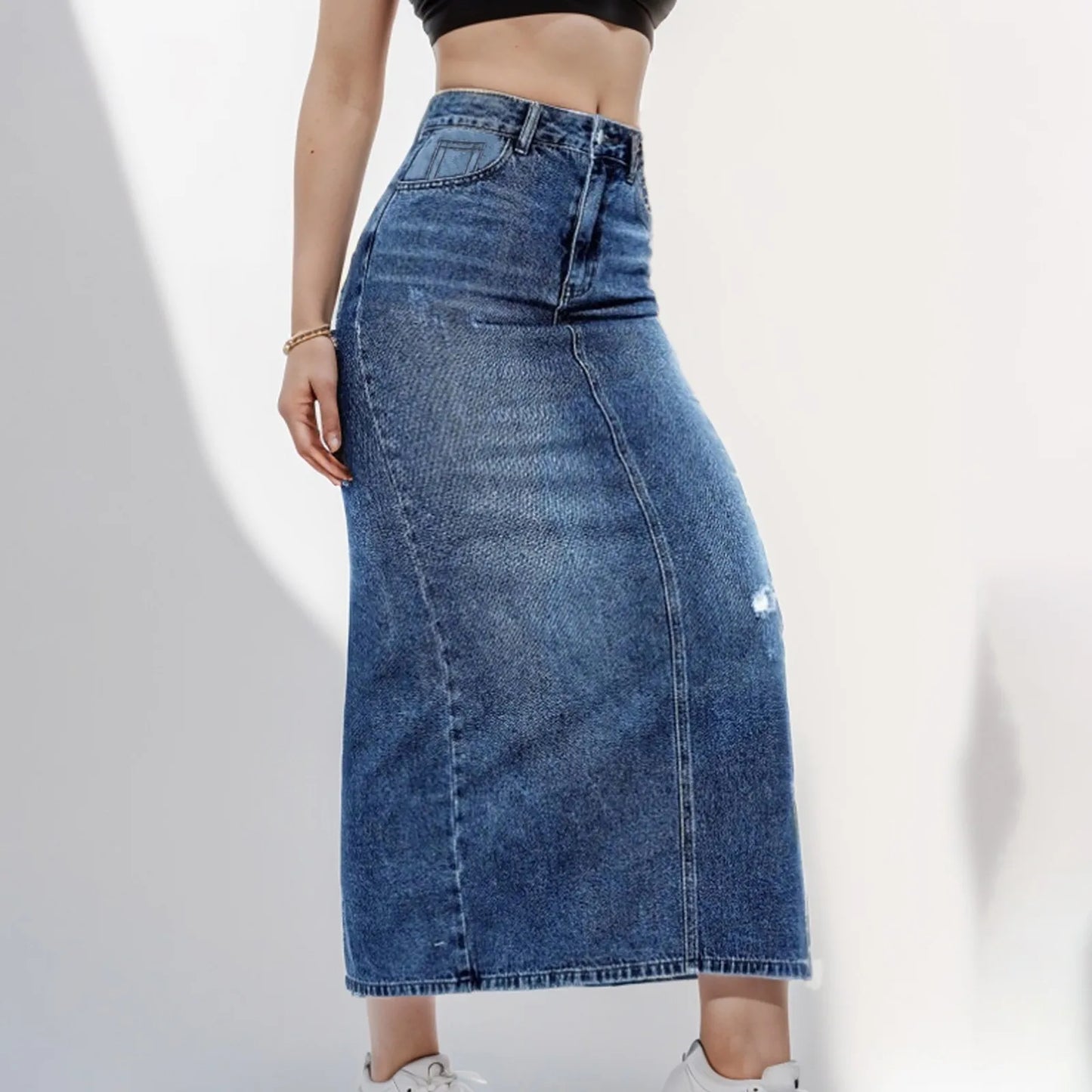 TINTINOS NEW 2024 Women's Fashion Side Split High Waist Denim Straight Skirt Office Lady Black Blue Midi Jean Skirts Autumn Long Skirt