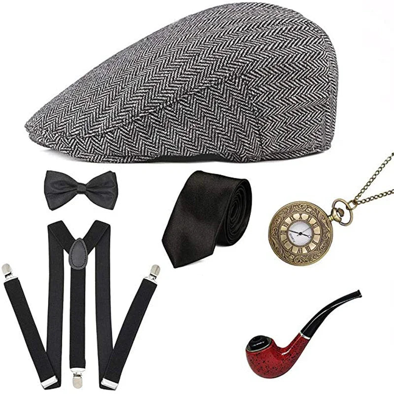 The Great Gatsby Cosplay Costume 1920s Mens Gangster Accessories Set Newsboy Hat Suspenders Armbands Tied Bowtie Drop Shipping30