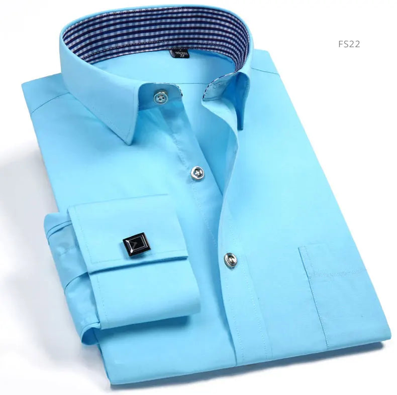 Brand NEW 2024-2025 Fashion Mens French Cufflinks Dress Shirts Long Sleeve Yellow White Blue Social Business Regular Fit Wedding Party Shirt For Man