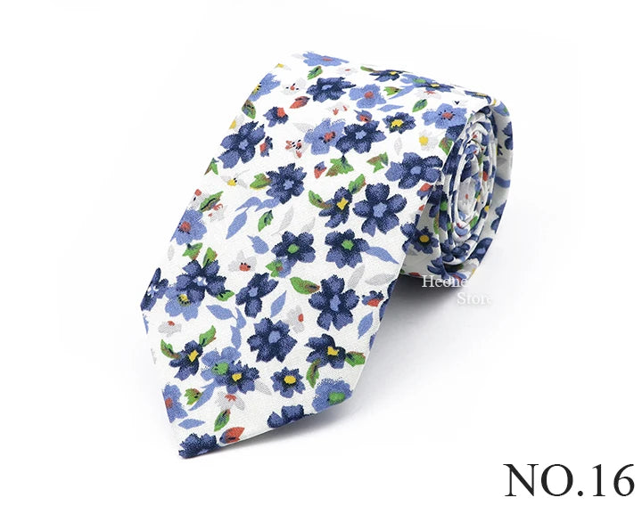 New Chic Floral Tie For Men 2025 100% Cotton Beautiful Elegant Flower Necktie White Blue Narrow Skinny Wedding Casual Cravat