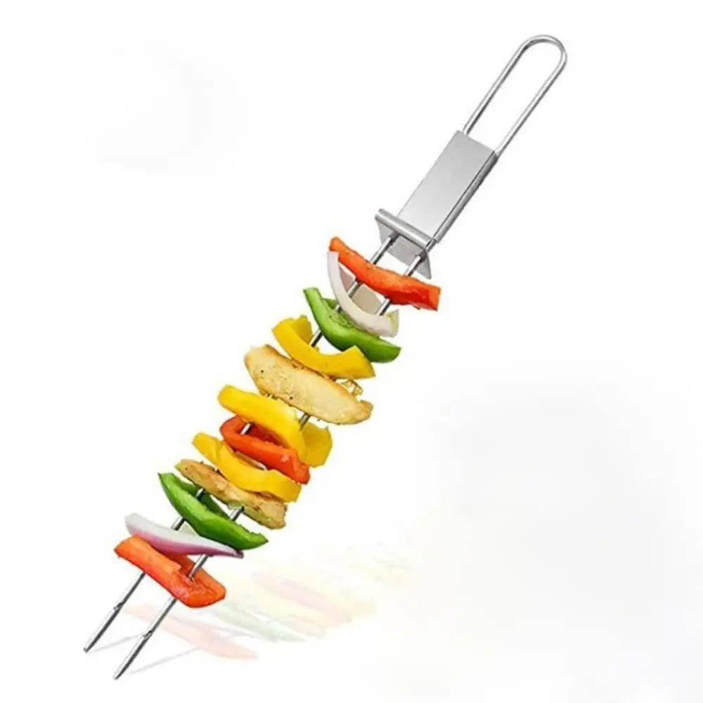 1Pcs BBQ Stick Semi-automatic Barbecue Fork Barbecue Sticks Shrimps Push Bar Skewer BBQ Shrimp Grilling
