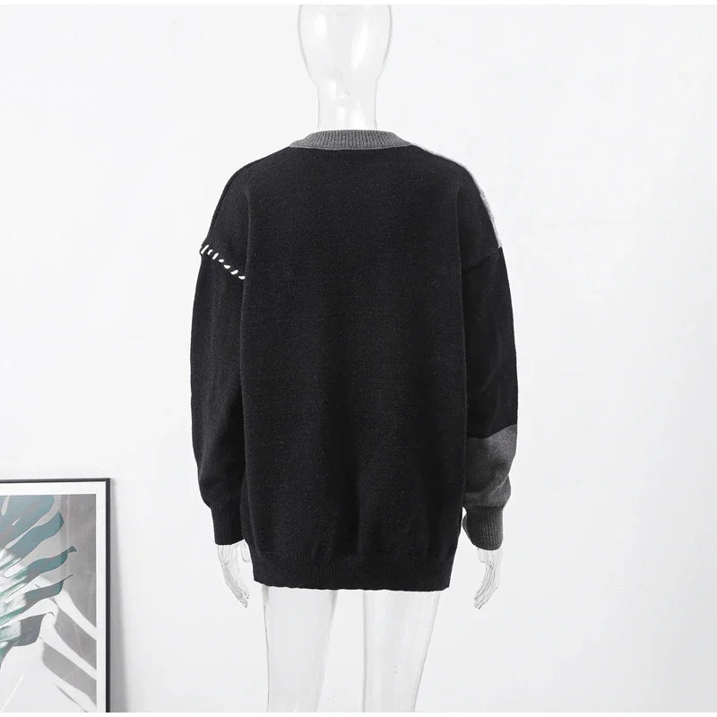 Man Panelled Contrast O neck Sweater 2024-2025 Autumn Winter Vintage Loose Long Sleeves Knitted Pullover Fashion Casual Male Jumper