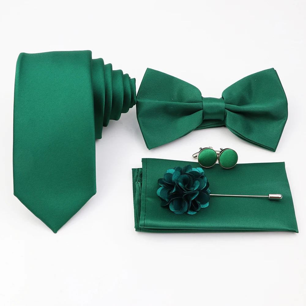 Hot Sale Pink Purple Sage Green Tie Set Polyester Necktie Bowtie Cufflink Brooch For Groom Suit Wedding Cravat Shirt Accessory