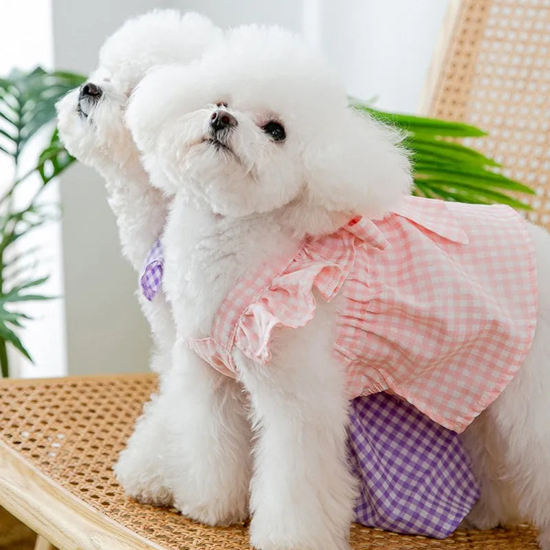 NEW 2024 Summer Dog Clothes Luxury Dog Dress Puppy Plaid Suspender Skirt Pet Vest Chihuahua Bichon Yorkie Dog Costume Pink Dog Bow Dress