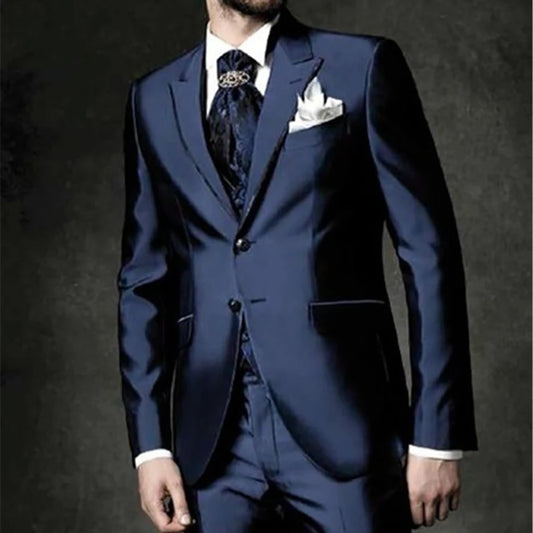 2024 Fashion Casual Custom Made Groom Tuxedo Navy Blue Peak Lapel Wedding/Prom Best Man Suits Bridegroom (Jacket+Pants+Vest)