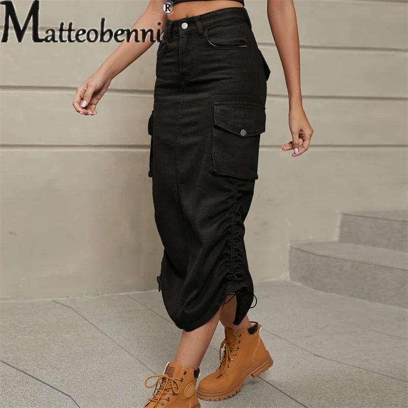 2024 Vintage Draw Pleat Half-body Dress Women Casual Trend Pocket Splicing Button Denim Overalls Skirt Female Clothes Streetwear