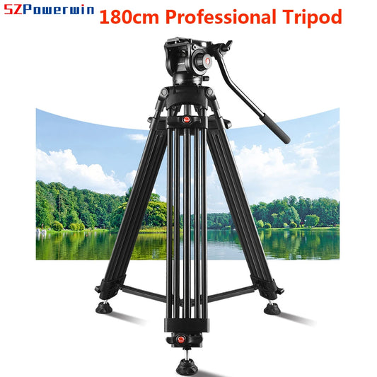 Powerwin 72 Inch PW180 Heavy Duty Professional Tripod with Hydraulic PTZ Fluid Head and Round Feet Gimbal - 180CM