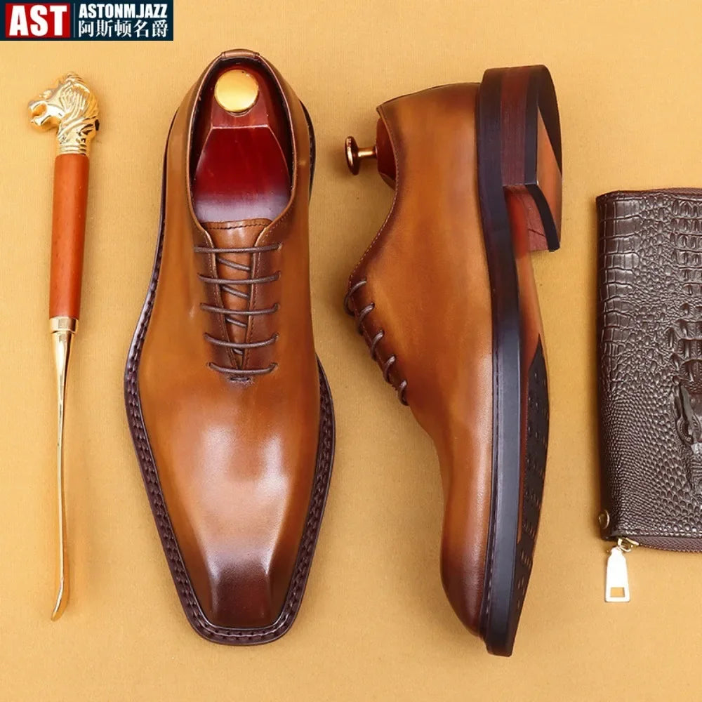 Handmade Mens Wedding Oxford Shoes Brown Genuine Leather Brogue Men's Dress Shoes Lace Up Business Formal Shoes for Men