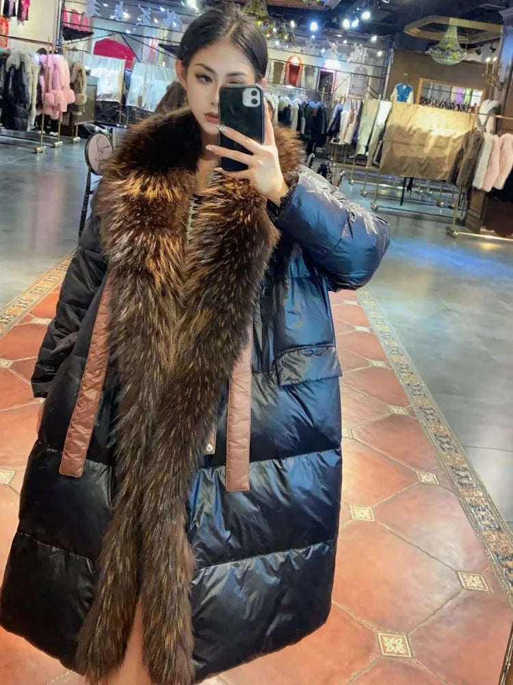2024 - 2025  New Natural Real Fox Fur Long White Duck Down Jacket Winter Women Warm Loose Coat Thick Outerwear Streetwear