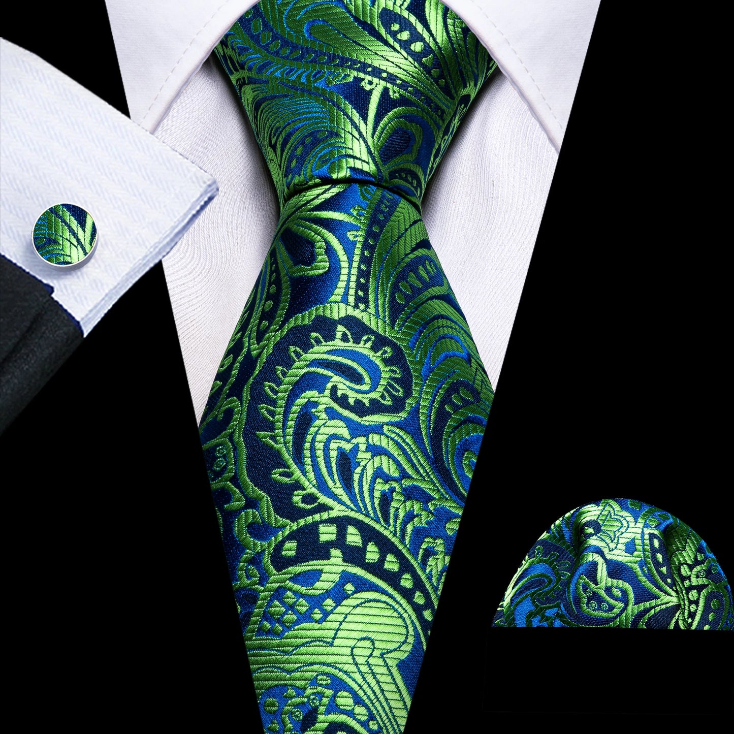 Fashion Silk Men Tie Green Teal Blue Solid Paisley Striped Plaid Floral Animal Necktie Handkerchief Cufflinks Set Barry. For Wedding