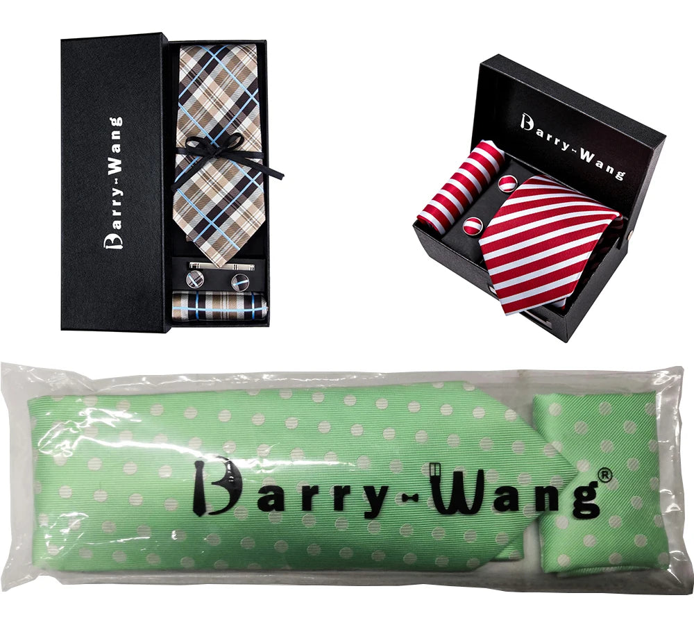 Fashion Mens Ties Set Silk Gray Black Silver White Striped Plaid Solid Paisley Floral Neck Tie Hankderchief Cufflinks Barry·Wang