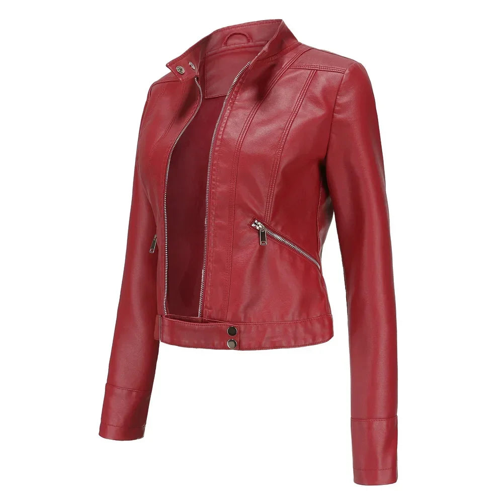 Spring Autumn Stand Collar Ladies Thin Leather Outerwear 2024 New Style Women's Leather Jacket Short Slim Fit