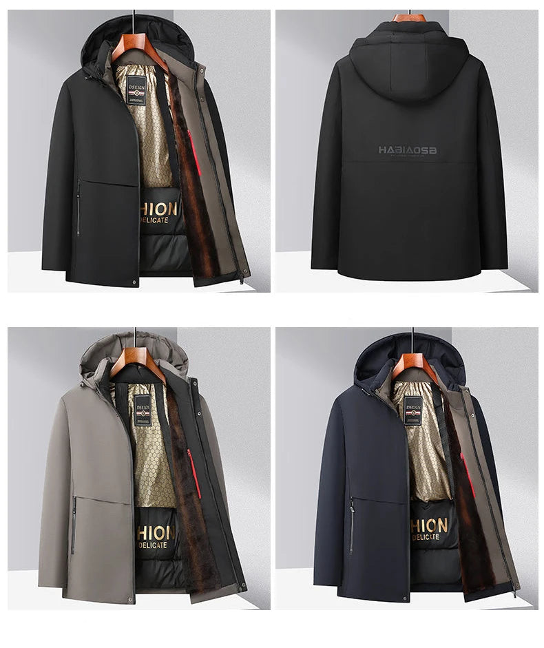 Men Winter  2025-2026 Thick Warm Parka Coat Fleece Inside Male Solid Color Hooded Thick Jacket  Men's Middle Long Coat Size