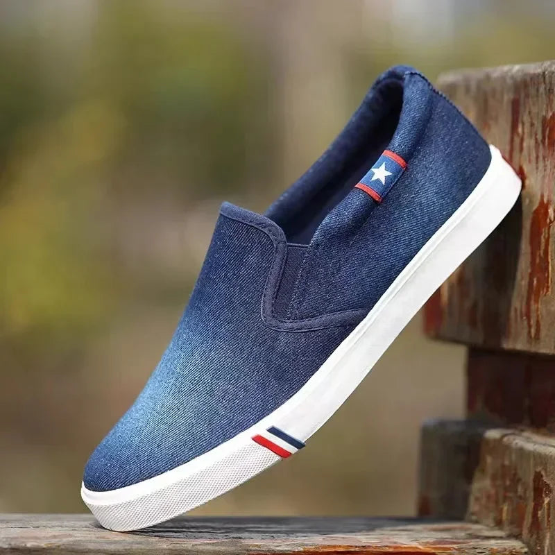 Denim Men's Canvas Shoes Slip-On Sneakers Male Flats Breathable Loafers for Men 2025 Summer Trainers Light Black Shoes Footwear