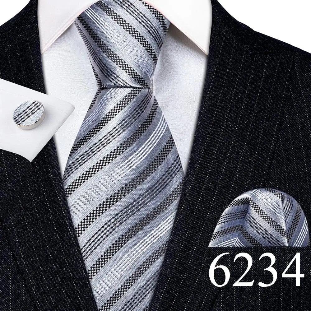 Fashion Mens Ties Set Silk Gray Black Silver White Striped Plaid Solid Paisley Floral Neck Tie Hankderchief Cufflinks Barry·Wang
