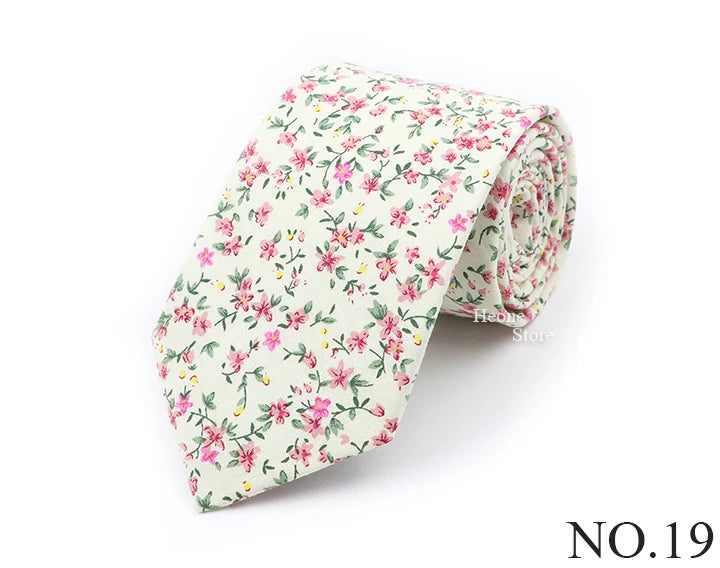 New Chic Floral Tie For Men 2025 100% Cotton Beautiful Elegant Flower Necktie White Blue Narrow Skinny Wedding Casual Cravat