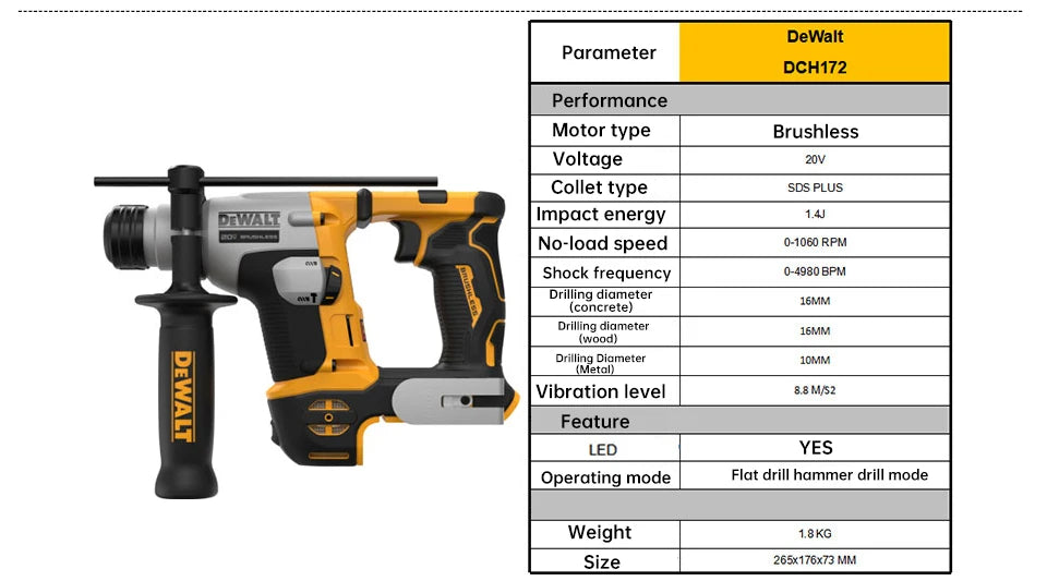 DEWALT DCH172 Brushless 20V Portable Hammer Impact Drill Shock Absorption Design 16MM ATOMIC Compact Drill Power Tools