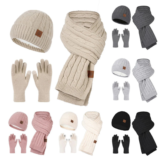 3 Piece Winter Sets Women Knitted Beanies Keep Warm Winter Hat For Women Scarves Cap Scarf Gloves Hats Outdoor Riding Knitwear