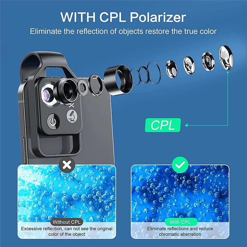 200X Cell Phone Microscope Accessory with CPL Lens Portable Mini Digital Microscope with LED Light/Universal Clip