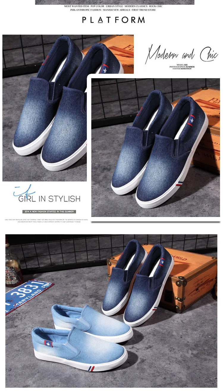 Denim Men's Canvas Shoes Slip-On Sneakers Male Flats Breathable Loafers for Men 2025 Summer Trainers Light Black Shoes Footwear