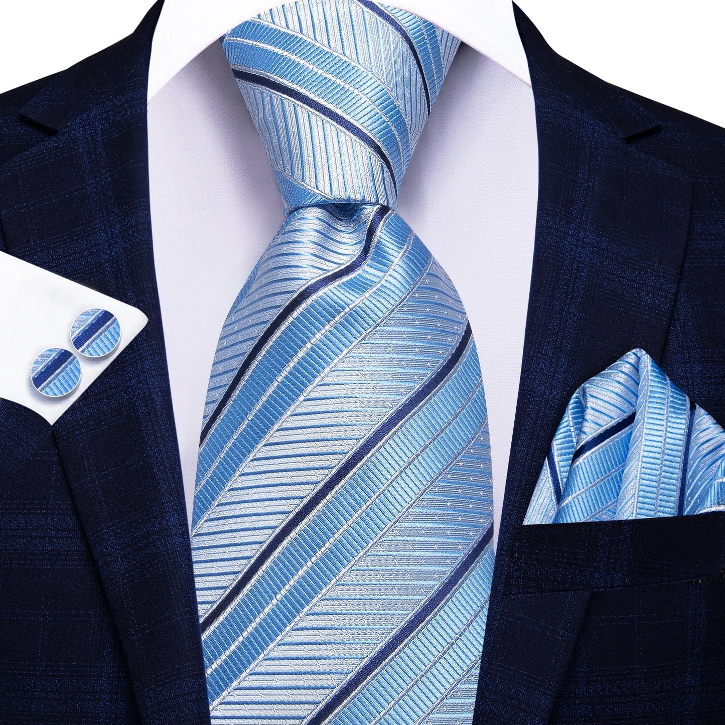 Brand New 2025 Hi-Tie Light Blue Striped Business Mens Tie 8.5cm Jacquard Necktie Accessorie Daily Wear Cravat Wedding Party Hanky Cufflink Set