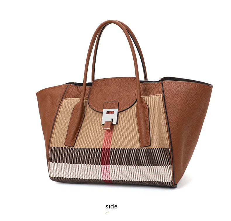 New 2024-2025 Checkered women's handbag 2024 fashionable canvas genuine leather bag large capacity multifunctional cowhide wing bag