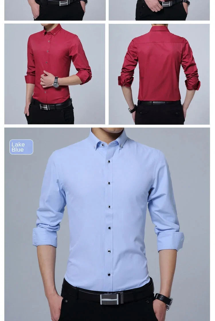 Summer Business Slim Fit White Shirt for Men - British Casual Tooling Style with Three Buttons Men's Long Sleeve Shirts