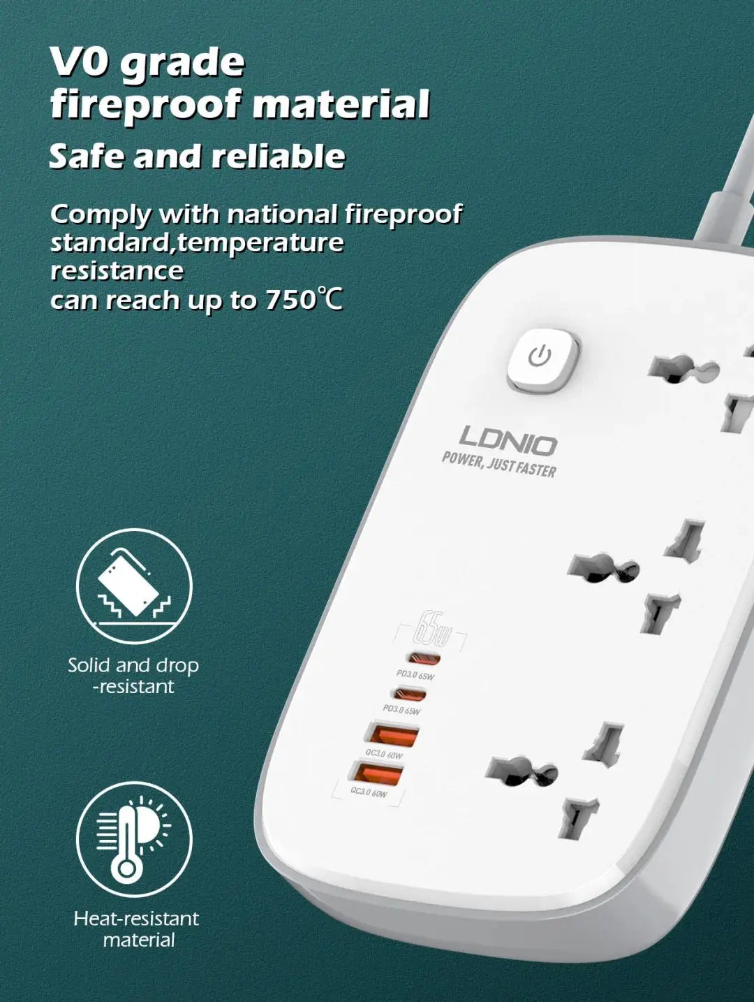 LDNIO Universal Power Strip with 65W GaN USB Charer 3250W Extension Cable Network Filter Surge Protector  EU/US/UK Plug Socket