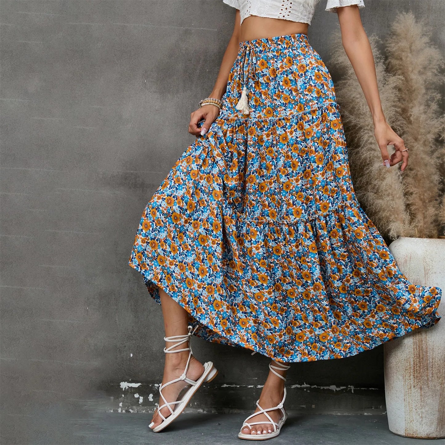 Summer Floral Print TINTINOS Skirts Women High Waist Ruffles Pleated Long Maxi Beach Skirt British Style Bohemian Midi Skirts