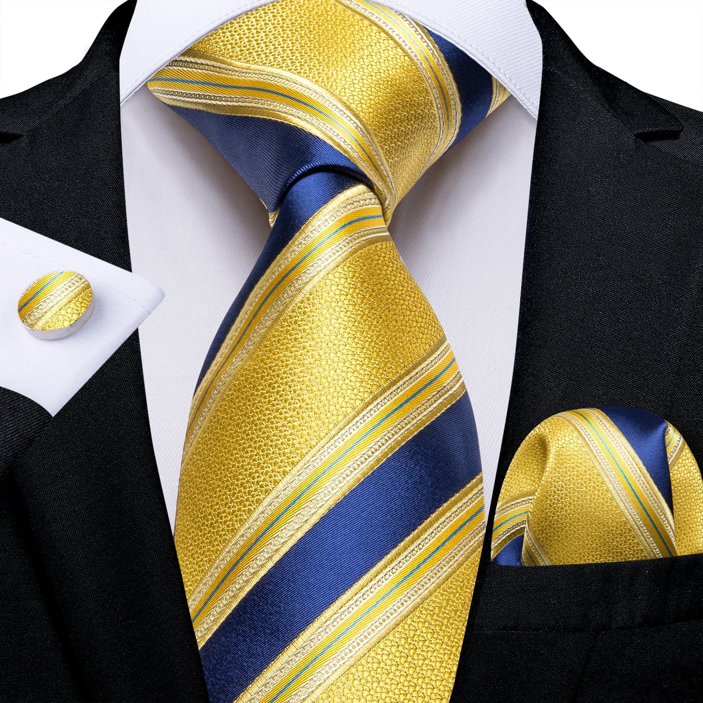 Brand New 2025 Mens Tie 100% Silk Classic Jacquard Woven 8cm Gold Yellow Formal Business Wedding Neck Tie Pocket Square Set Suit Cravat