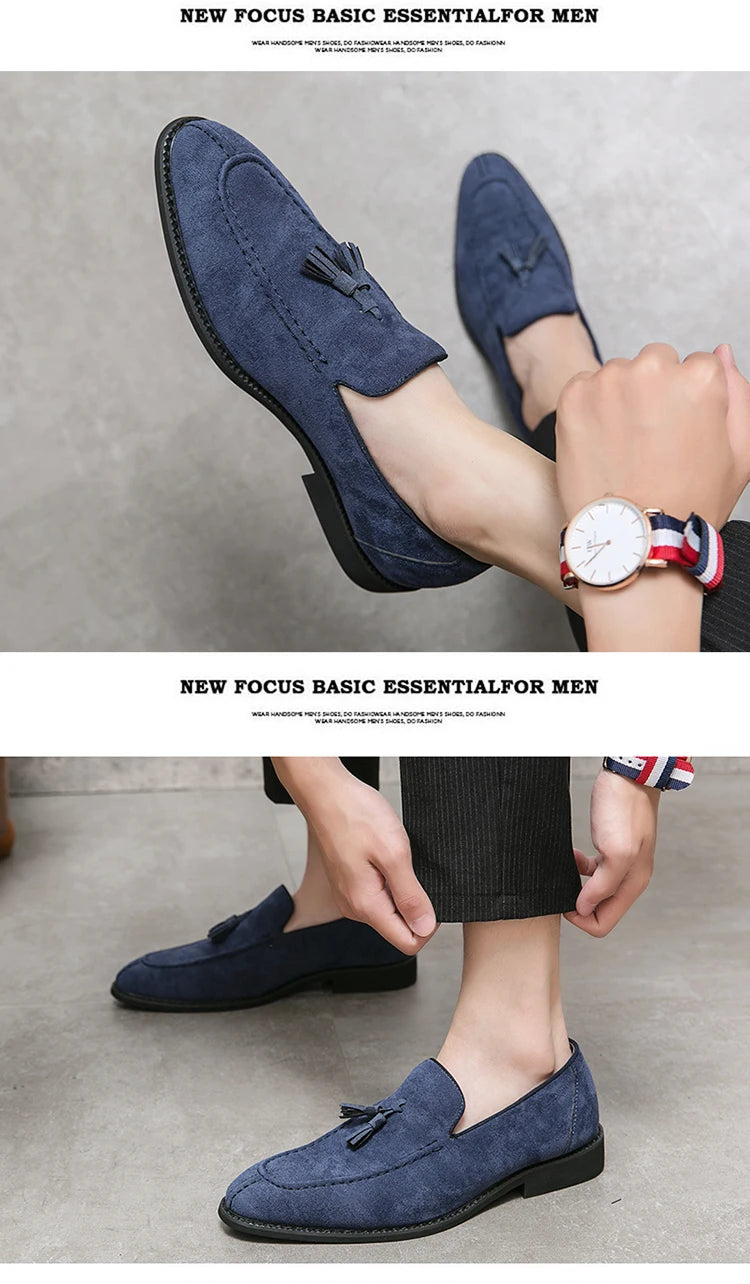 Brand Design Men Suede Leather Shoes Moccasins Purple Tassel Pointed Men's Loafers Vintage Slip-on Casual Men Social Dress Shoe